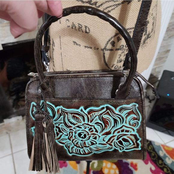 Patricia Nash Paris Satchel Tooled Turquoise Brown Leather P018133 New - Picture 7 of 16